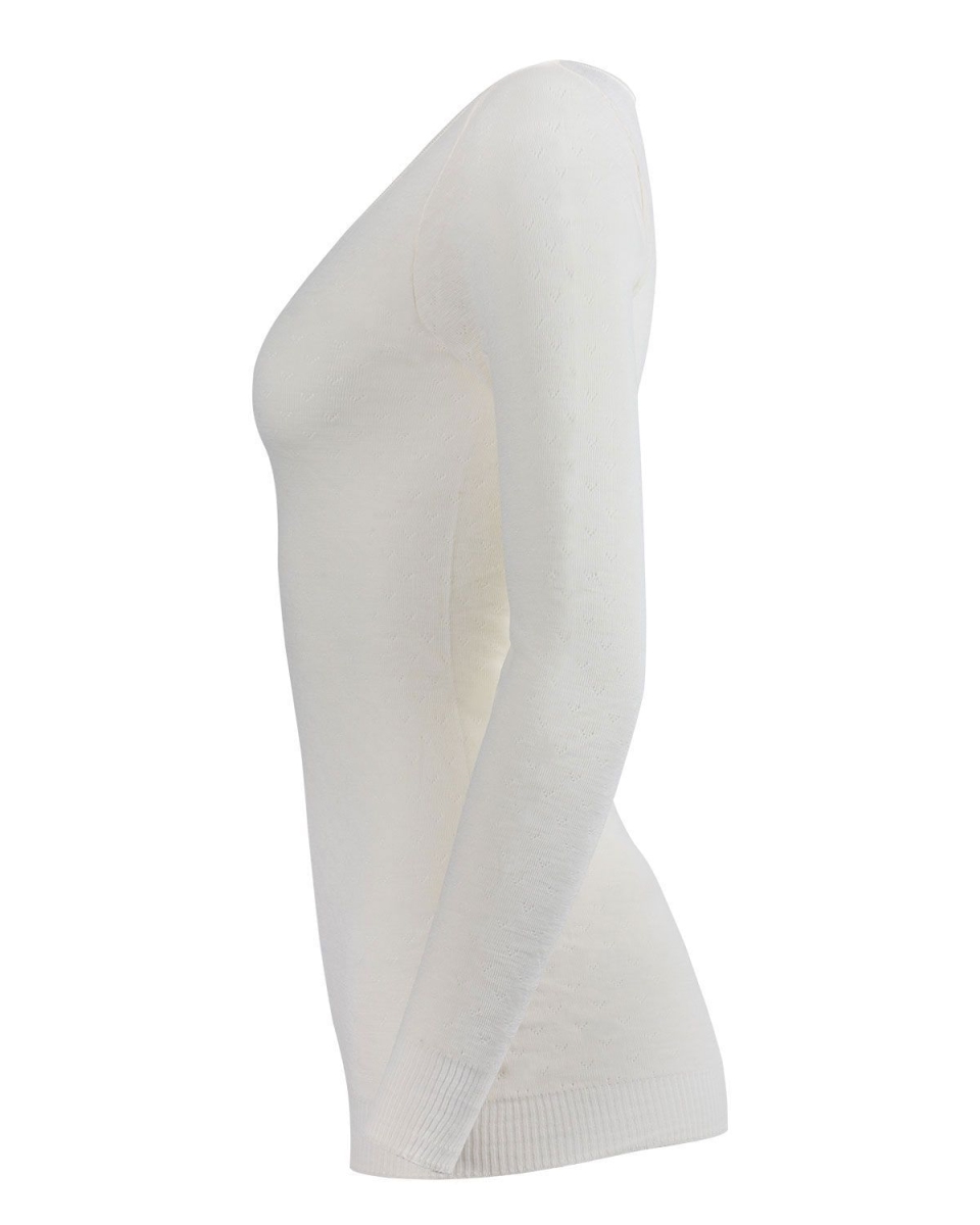 TM-412-75002-L 100 Percent Merino Wool Long Sleeve Round Neck Top for Womens, Ivory - Large