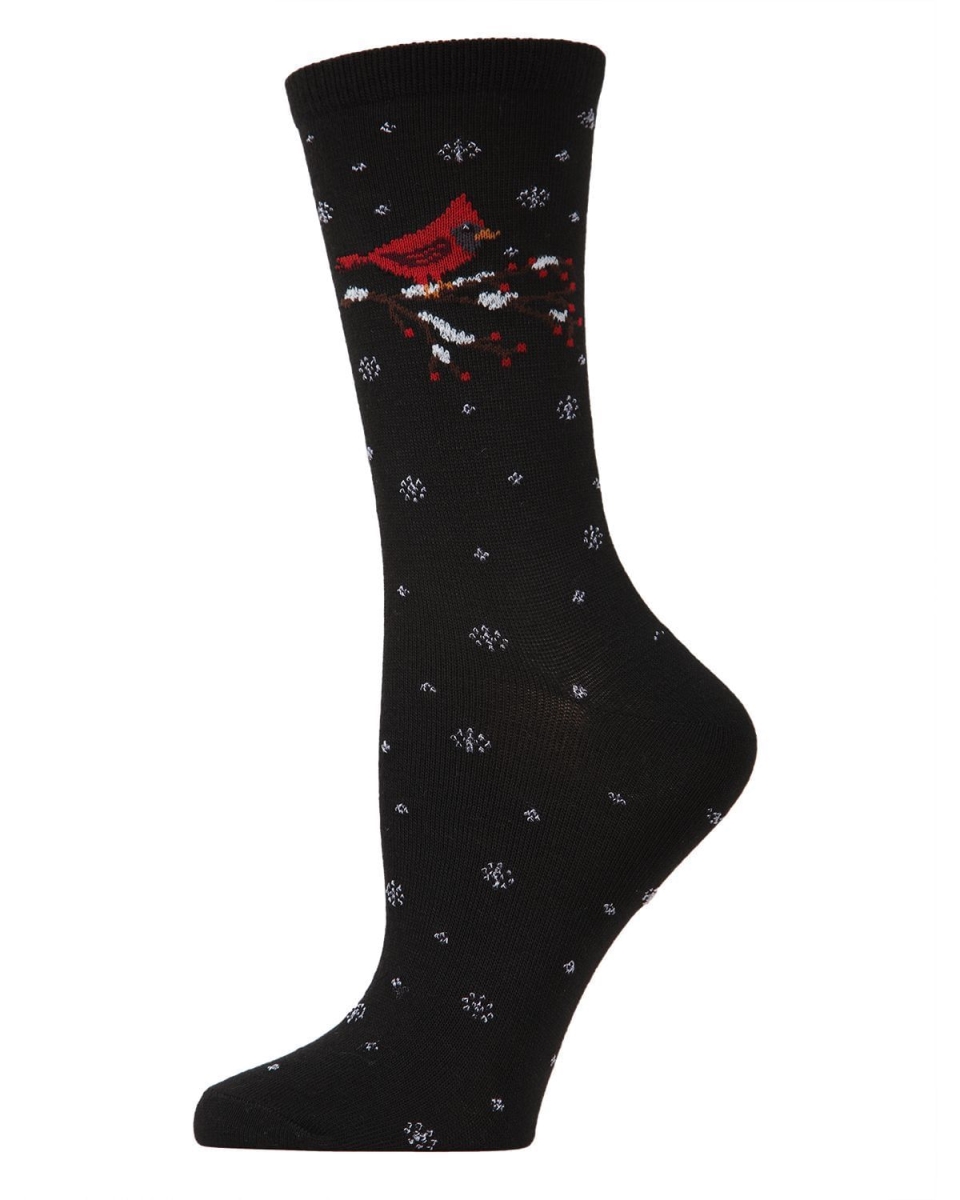Christmas Cardinal Holiday Crew Socks for Womens - Black - One Size