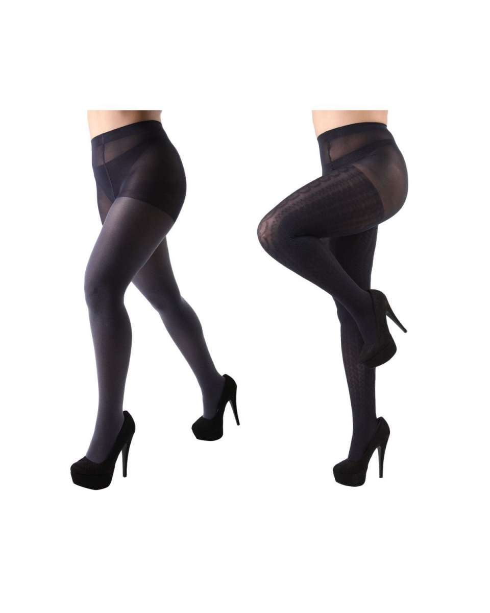 MJB-132-99900-M-L Heather & Solid Control Top Tights for Womens, Navy Heather & Navy - Medium-Large - Pack of 2