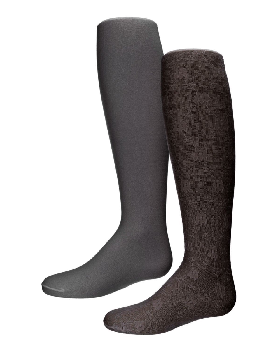Floral & Lace Girls Tights, Black - Size 10-14 - Pack of 2