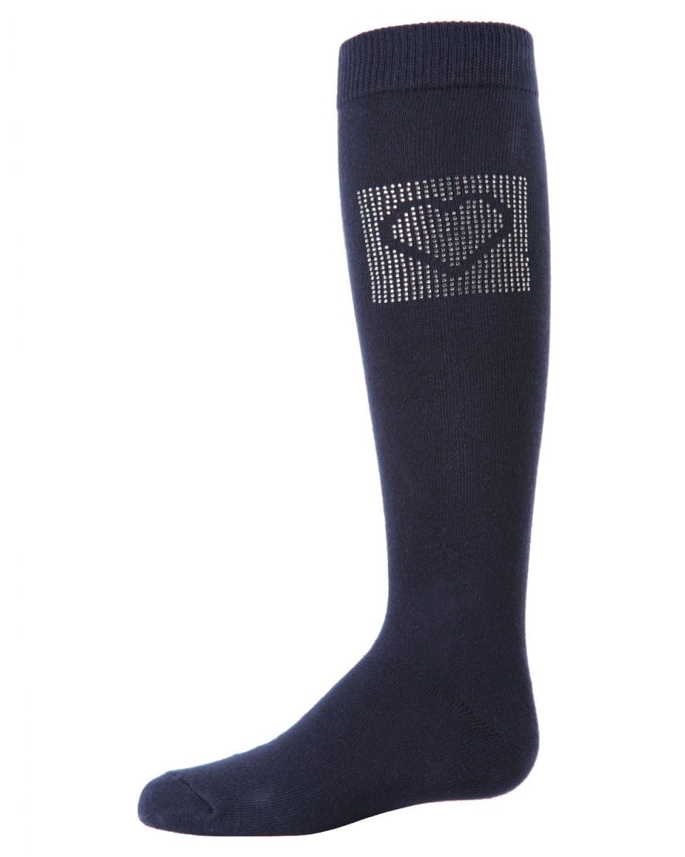 Rhinestone Heart Girls Knee High Socks - Navy - Size 4