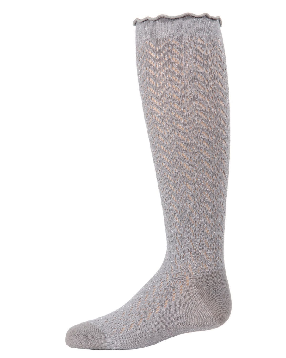 MKF-7053-04012-2 Open Work Shimmer Knee High Socks for Girls, Silver - Size 2