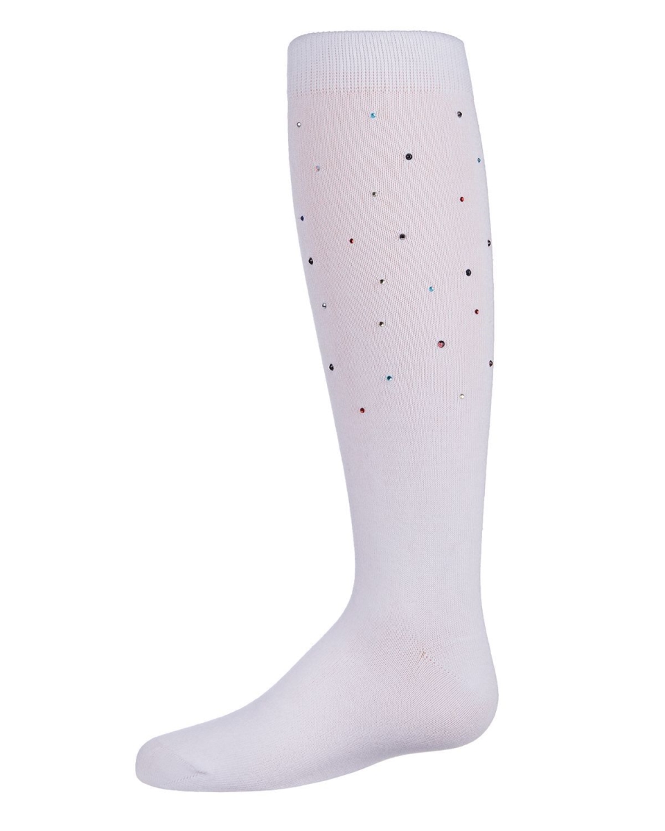 MKF-7057-10103-8 Multi Stone Girls Knee High Socks, White - Size 8