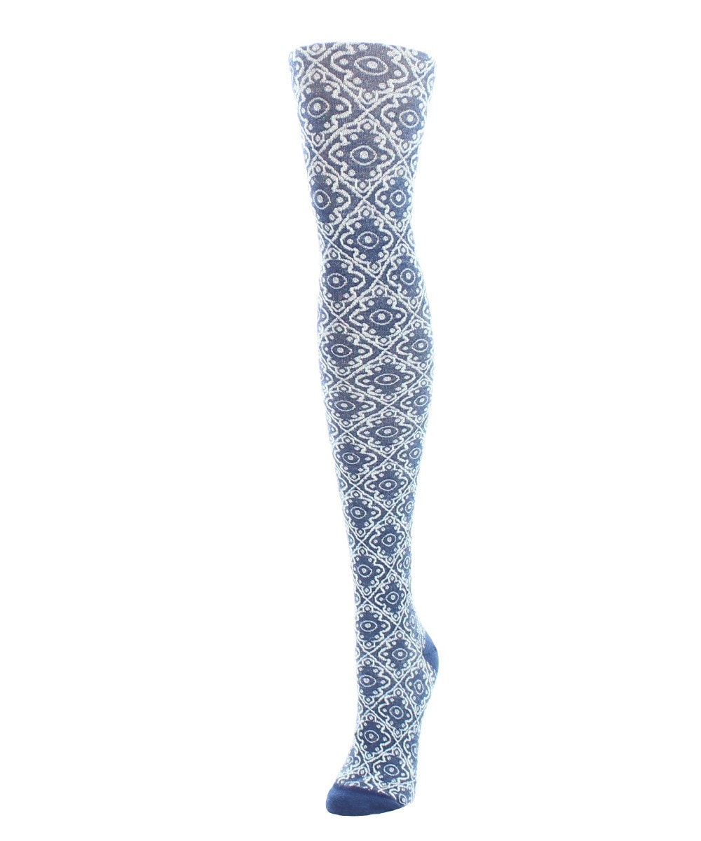 MF5-104-40802-S-M Diamond Pattern Swirl Womens Sweater Tights, Denim Heather - Small-Medium