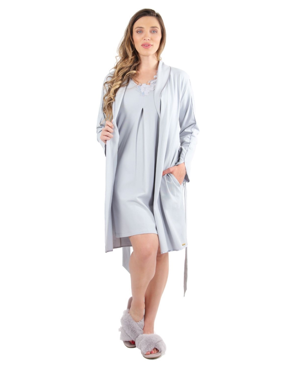 Picture of Memoi CRS04480-40050-XS Lace Applique Robe for Womens&#44; Pearl Blue - Extra Small