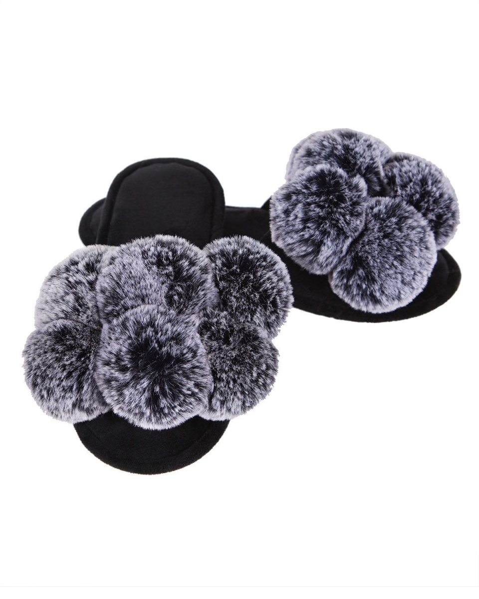 Luxe Pompom Open Toe Plush Slippers for Womens - Black - Medium - 7-8