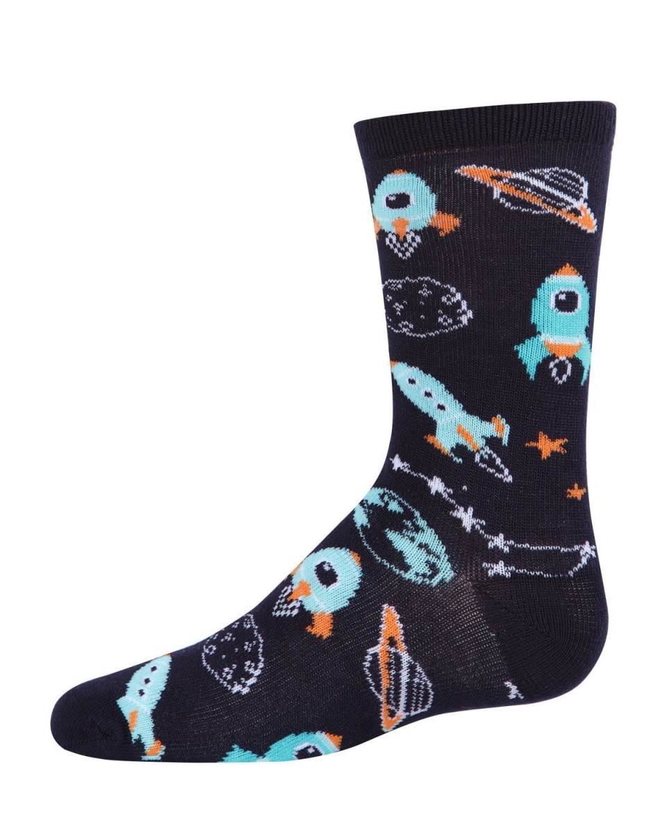 MFB-2002-40120-89 Rocket Ship Bamboo Blend Boys Crew Socks, Navy - Size 8-9