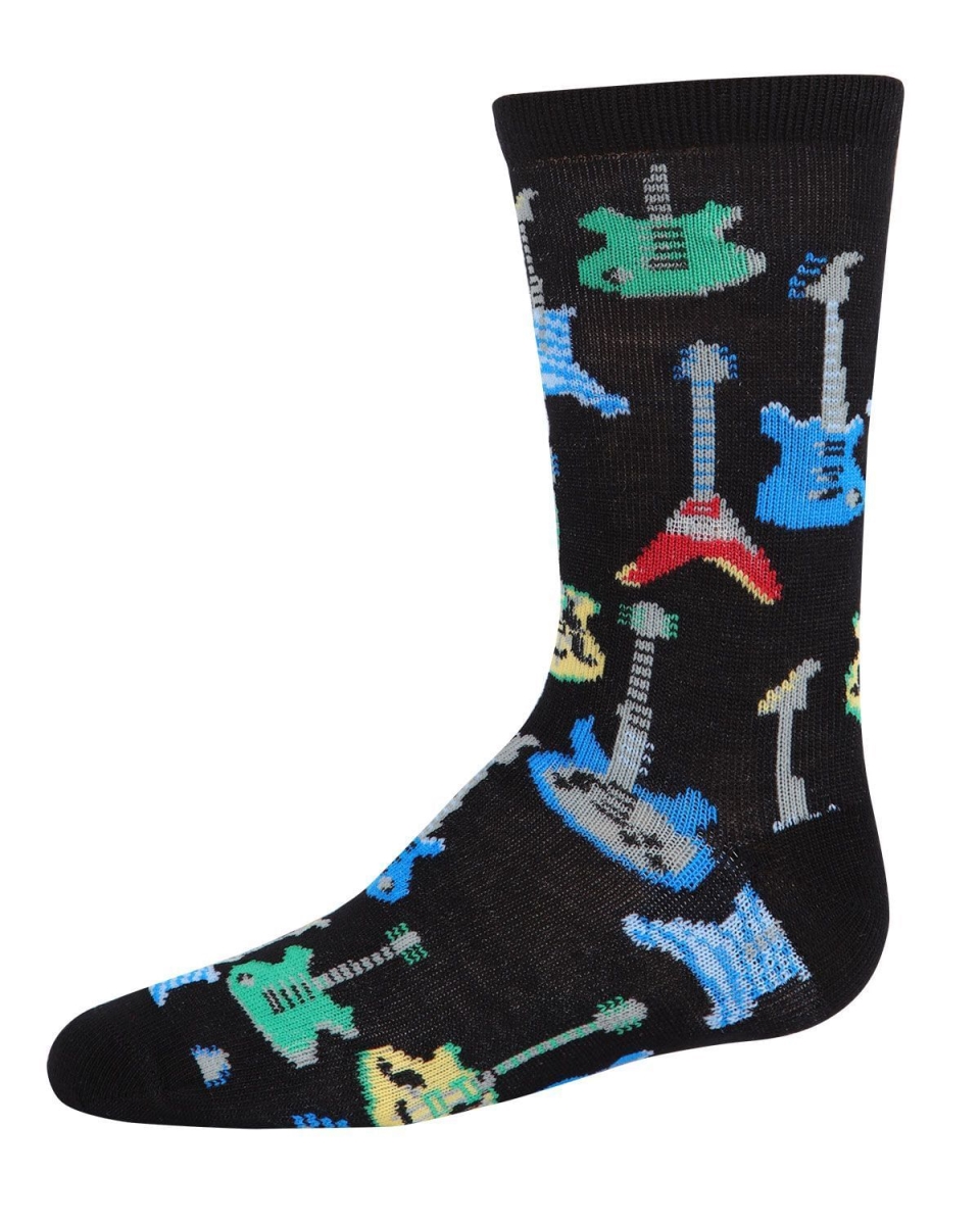 MFB-2003-00001-56 Guitar Bamboo Blend Boys Crew Socks, Black - Size 5-6