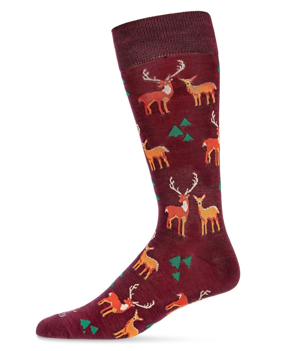 ACV06468-60122-1013 Oh Deer Bamboo Blend Mens Crew Socks, Burgundy - Size 10-13