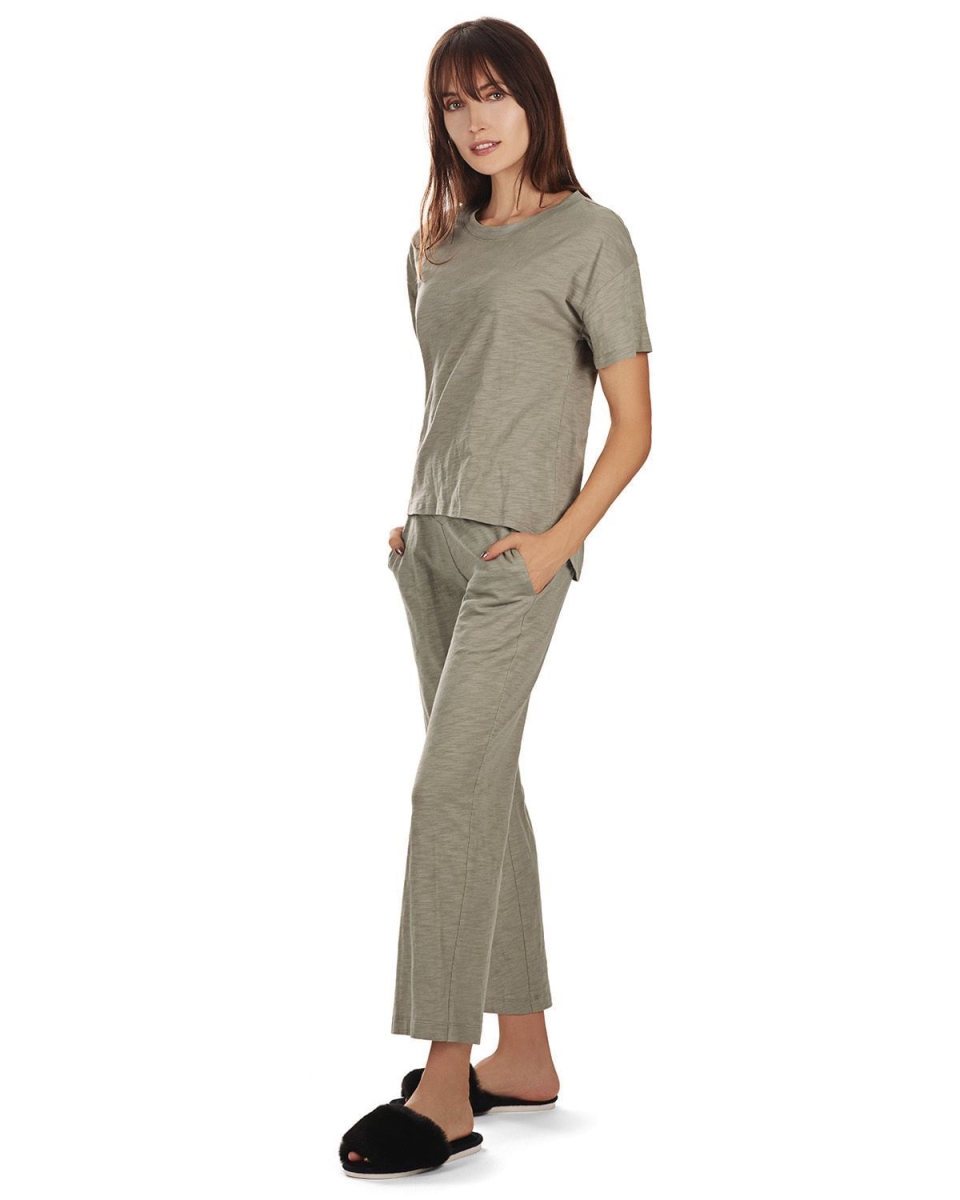 Relaxed Fit Cotton Slub Pant Set for Womens, Taupe - Small
