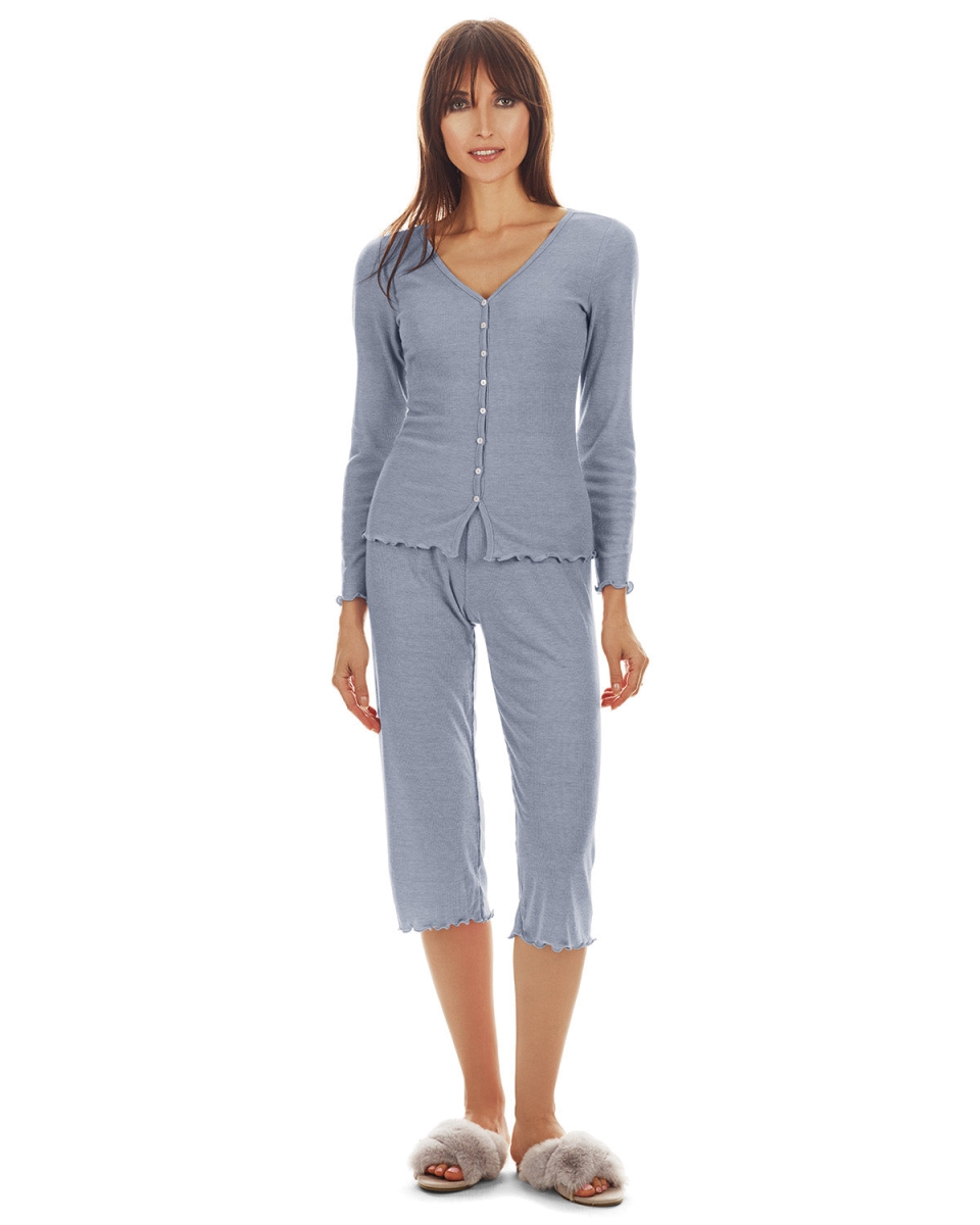 Women's Ruffled Lettuce Edge Rib Long Sleeve and Capri Set - Blue Heather / S