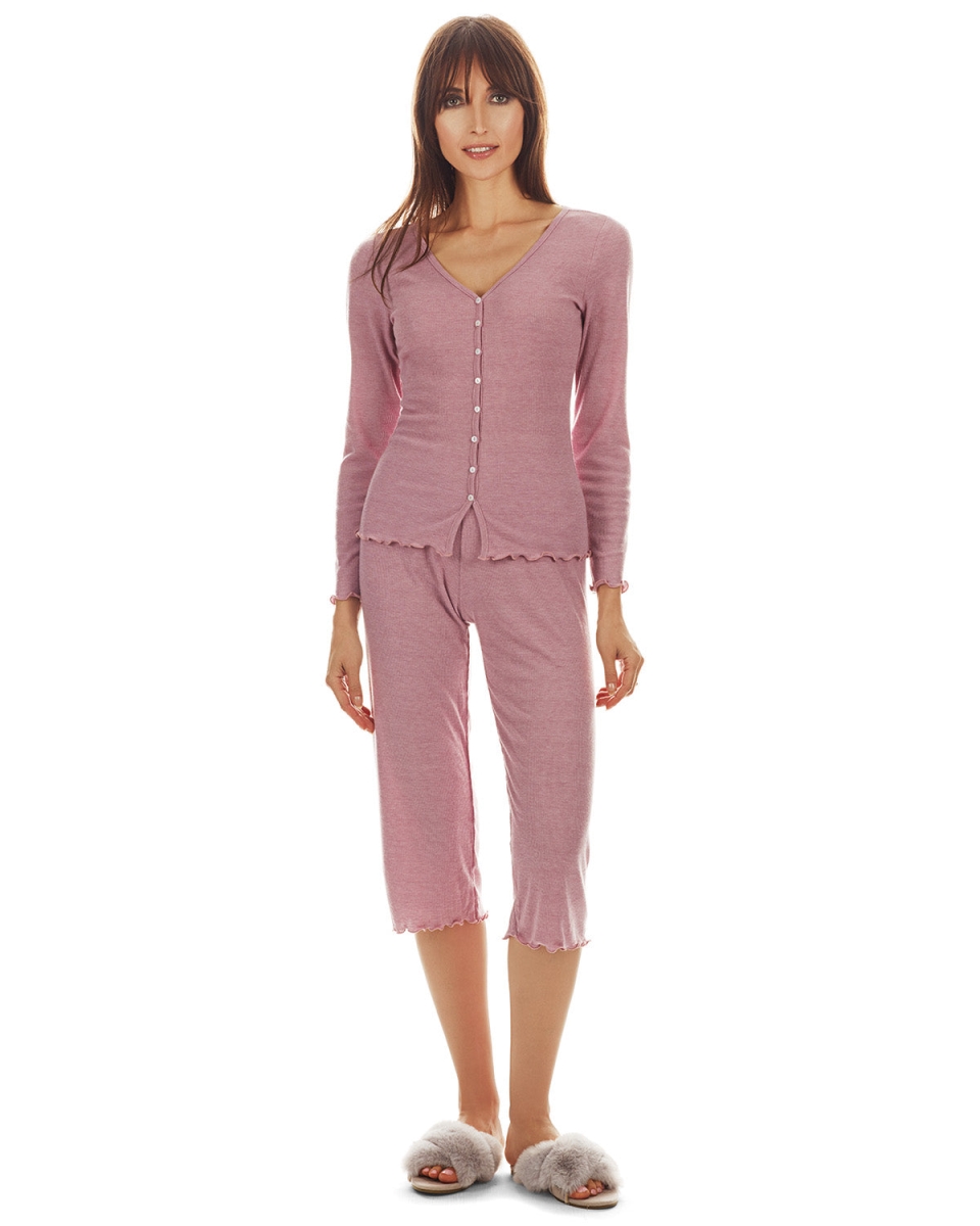 CPJ07349-68030-M Lettuce Edge Rib Capri Set for Womens, Pink Heather - Medium