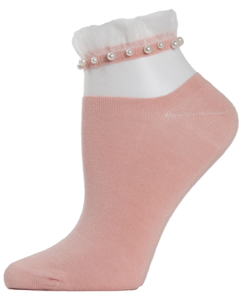 Picture of Memoi MAF04546-PCHWH-9-11 Sheer Ruffle Cuff Pearl Anklet Socks for Womens&#44; Peach Whip - Size 9-11