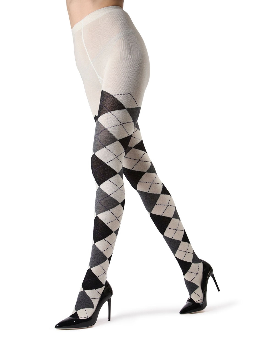 MF5-114-11700-S-M Textured Argyle Sweater Tights for Womens, Winter White - Small-Medium