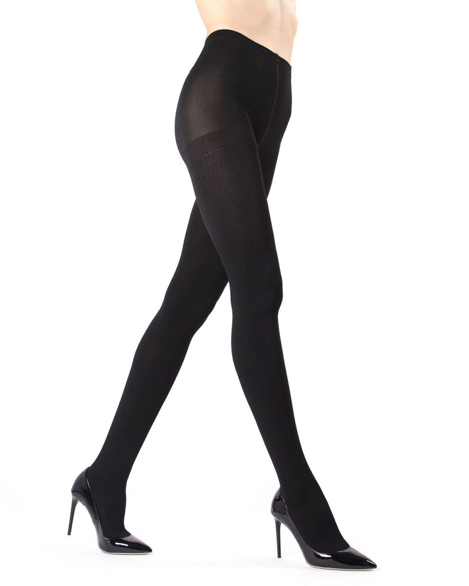 MO-152-00001-S-M Ribbed Plush Lined Fleece Tights for Womens, Black - Small-Medium