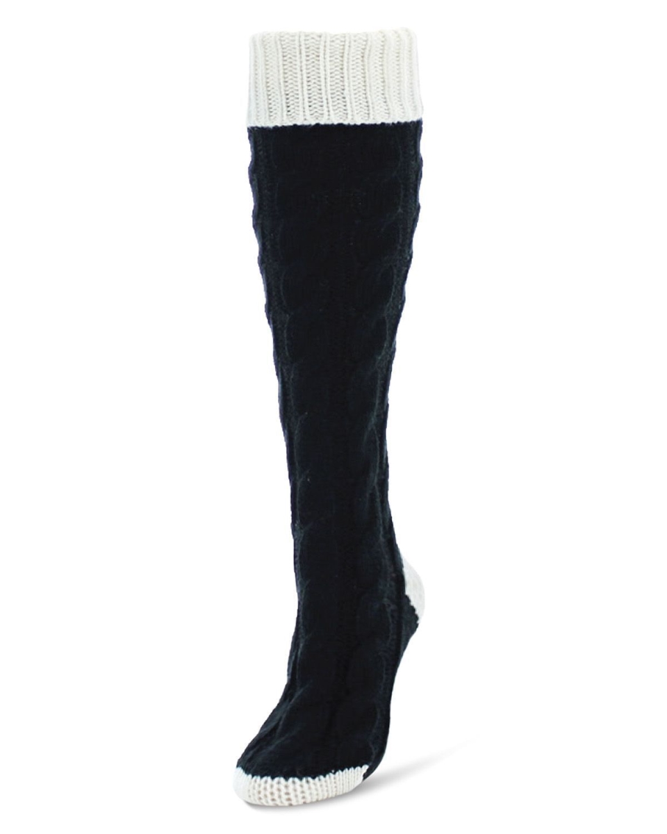 MF5-5750-99855-OS Braid Tip Chunky Knit Knee High Socks for Womens, Black & Winter White - One Size