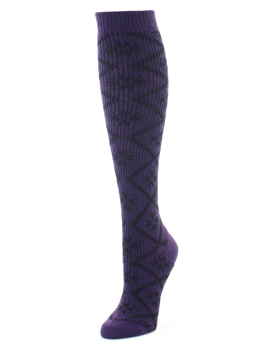Women's Open Crochet Diamond Pattern Chunky Knee High Sock - Purple Pennant / One Size