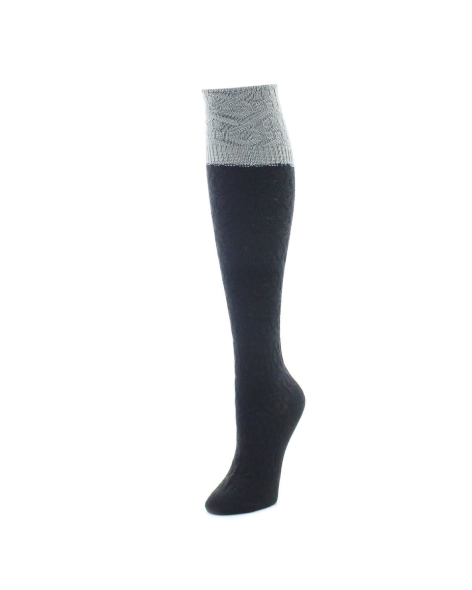 LF6-718-00001-OS Interlocking Crochet Knee High Womens Socks, Black - One Size