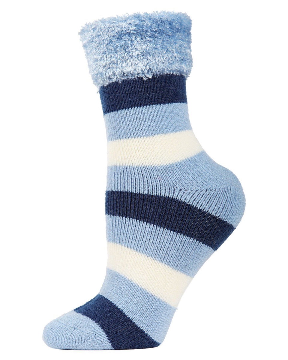 MCP05486-40005-9-11 Multi Stripe Plush Cabin Socks for Womens, Dusty Blue - Size 9-11