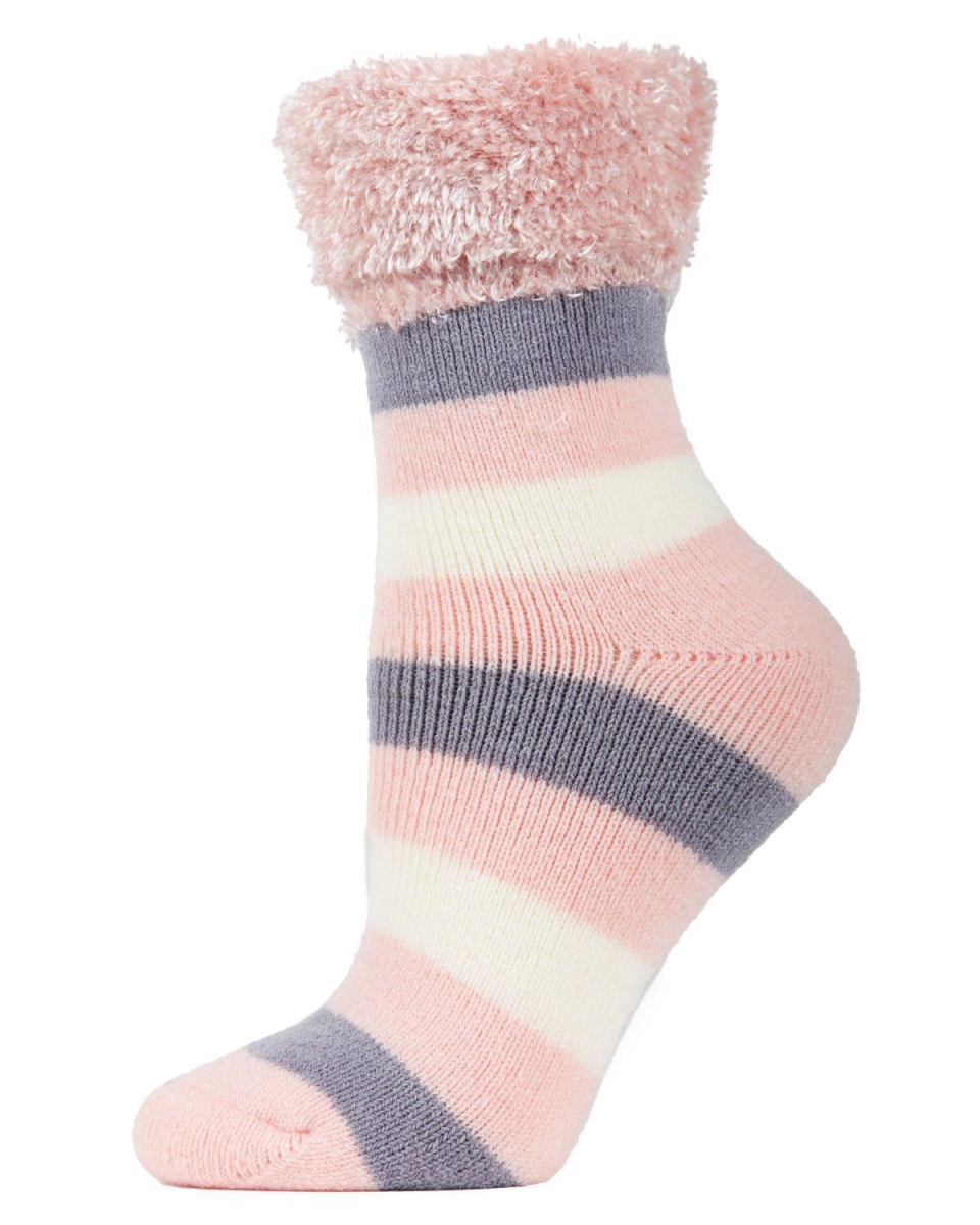 MCP05486-PCHWH-9-11 Multi Stripe Plush Cabin Socks for Womens, Peach Whip - Size 9-11