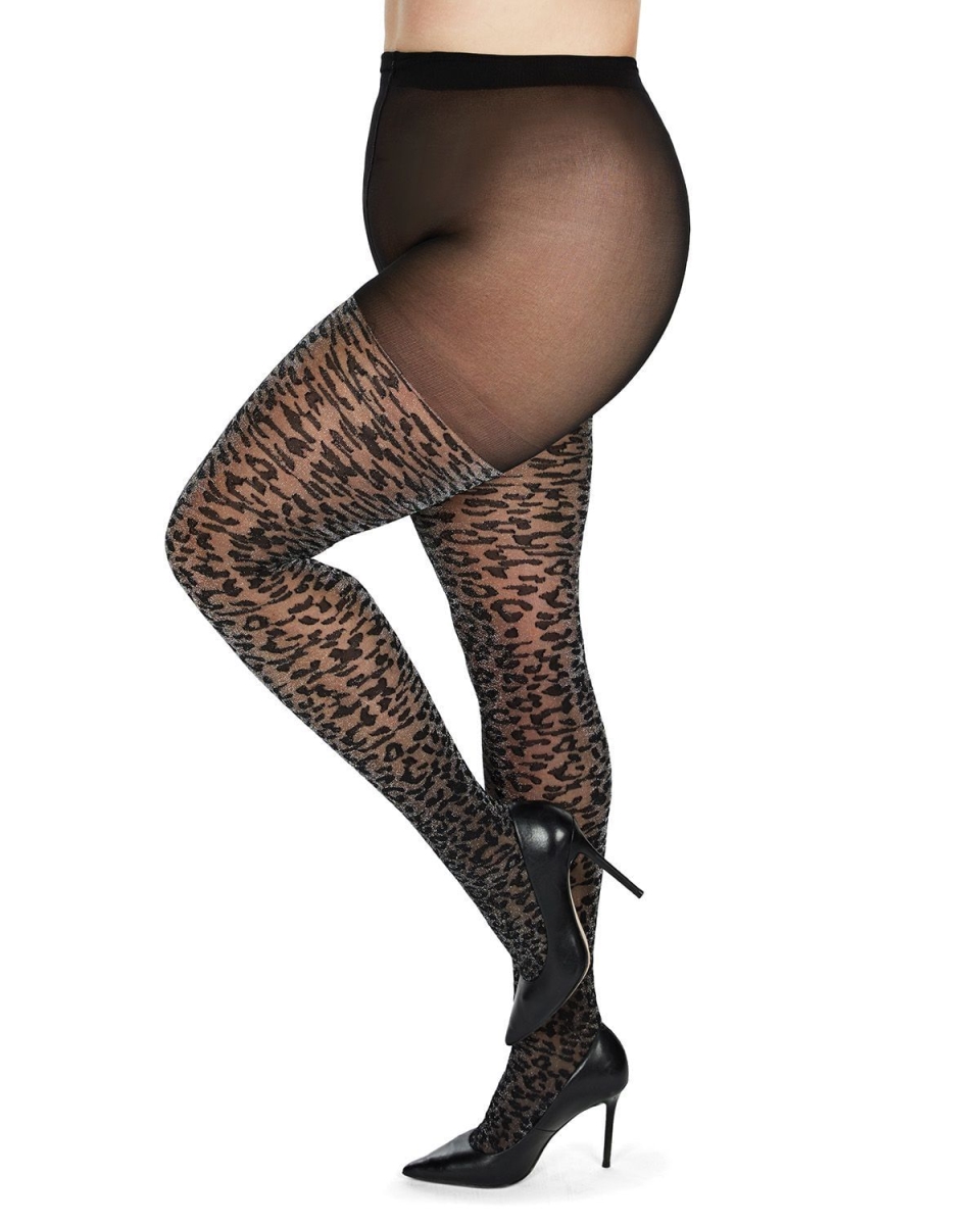 Leopard Print Shimmer Sheer Tights for Womens Black - Size Q1-2