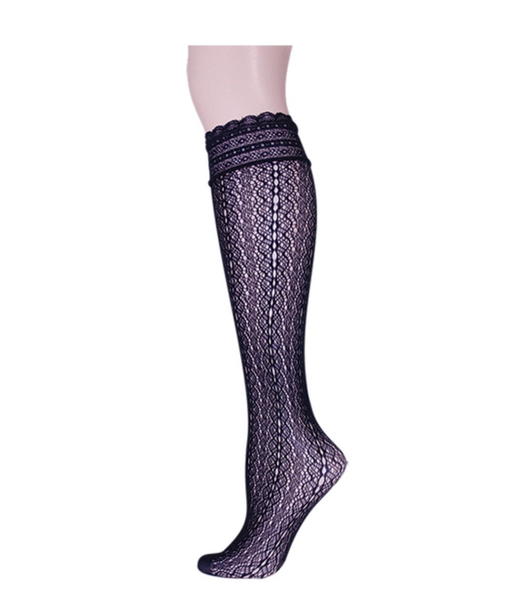 MS1-705-00001-OS Ornate Net Knee High Sock for Womens, Black - One Size