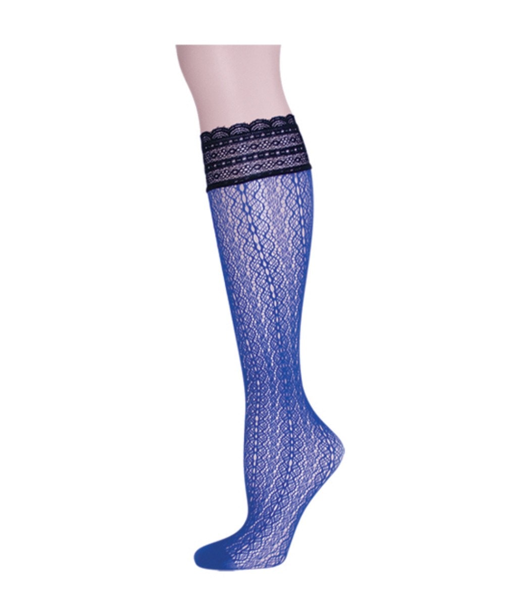 MS1-705-40113-OS Ornate Net Knee High Sock for Womens, Moonlight Blue - One Size