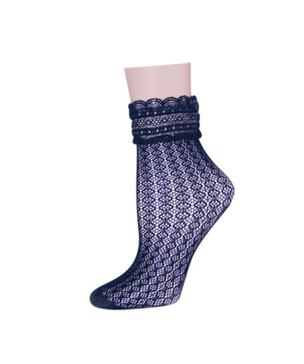 MS1-601-00001-OS Diamond Floral Lace Ankle Socks for Womens, Black - One Size