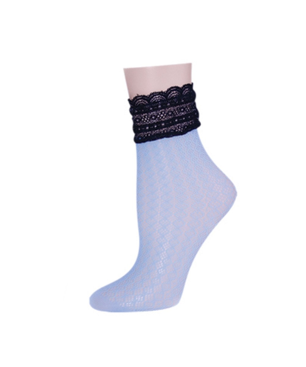 MS1-601-40005-OS Diamond Floral Lace Ankle Socks for Womens, Dusty Blue - One Size -  Memoi
