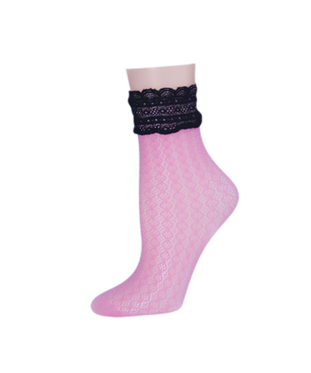 MS1-601-65001-OS Diamond Floral Lace Ankle Socks for Womens, Petal Pink - One Size -  Memoi