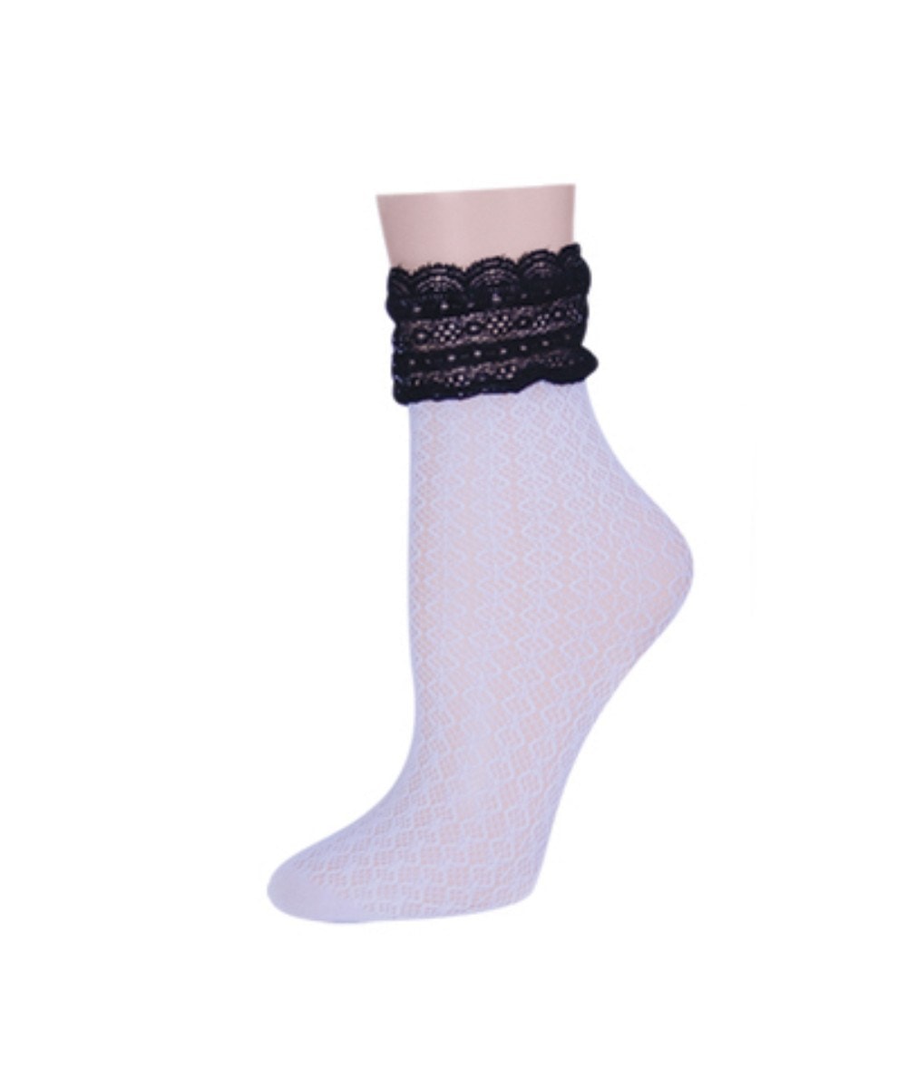 MS1-601-10100-OS Diamond Floral Lace Ankle Socks for Womens, Star White - One Size -  Memoi