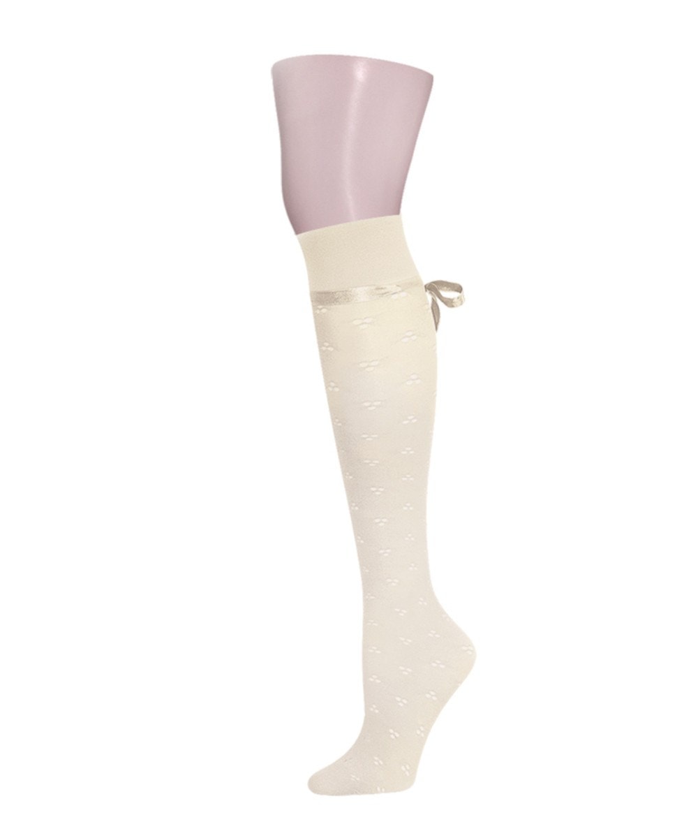 MS1-700-75002-OS Pointelle Back Tie Knee High Sock for Womens, Ivory - One Size