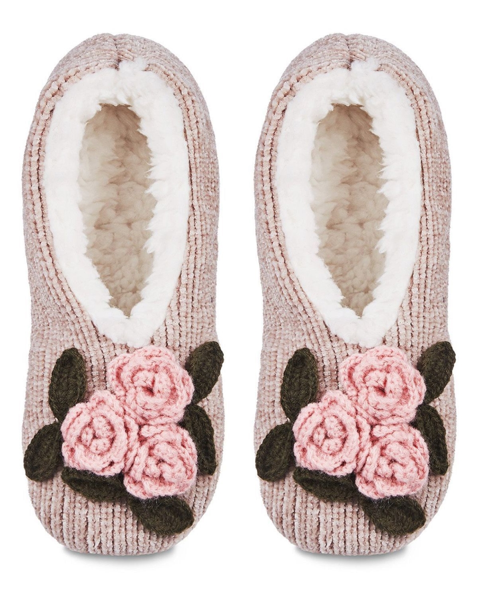 Coming Up Roses Chenille Sherpa-Lined Slippers for Womens - Taupe - Medium-Large