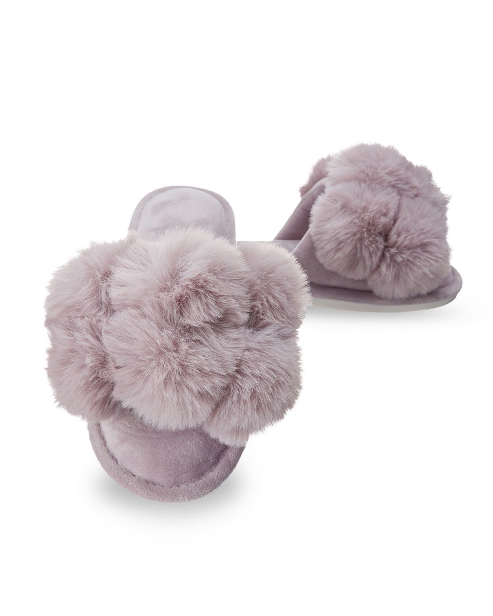 Luxe Pompom Open Toe Plush Slippers for Womens - Lavender - Small - 5-6