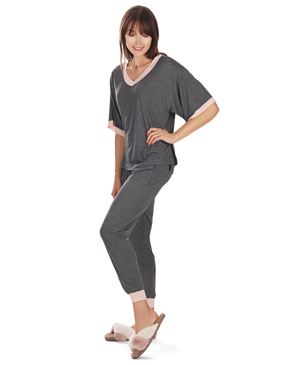 Women's Contrast Trim Loose Fit Modal Short Sleeve and Pants Set - Gray Heather / M