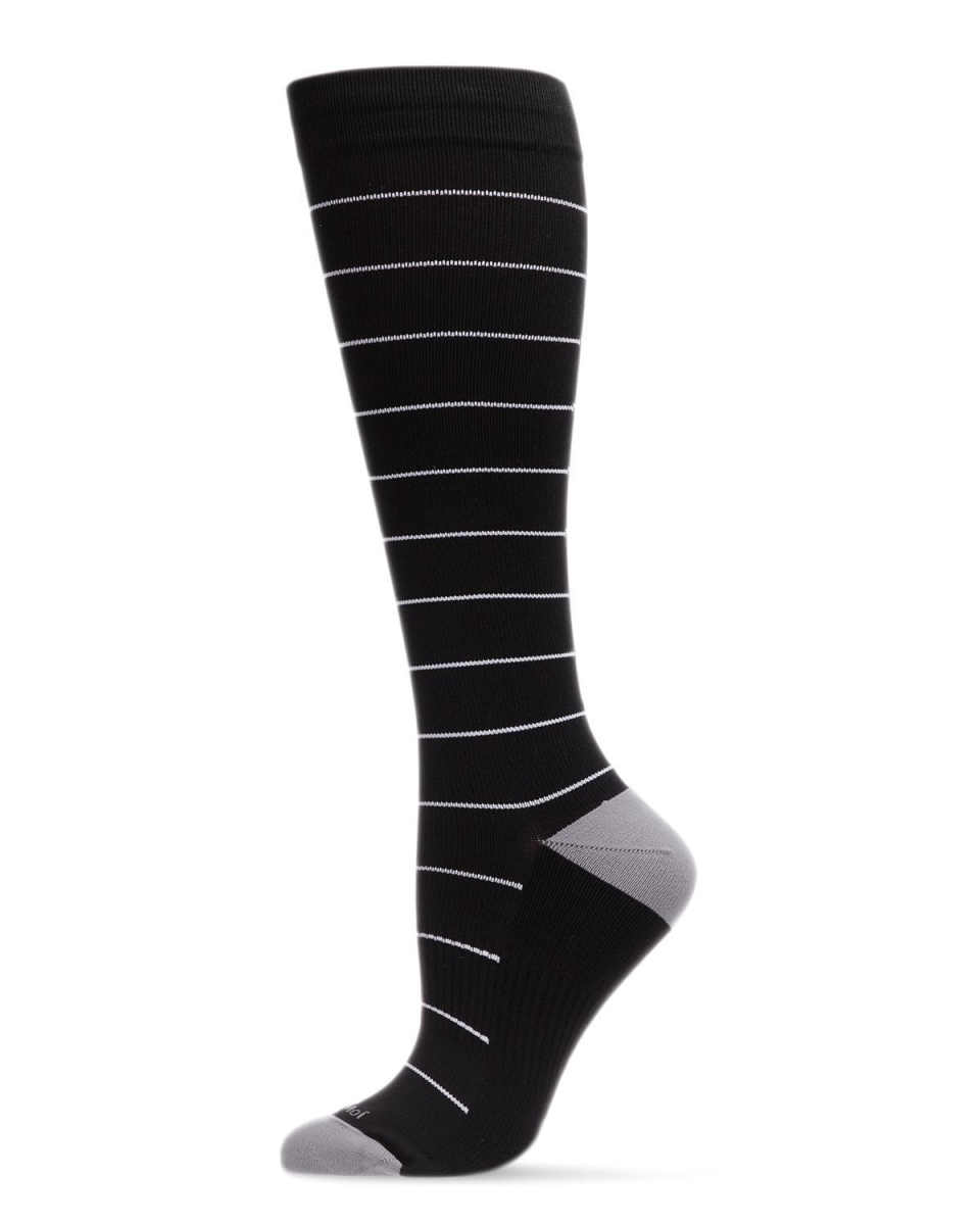 Unisex Thin Striped Antimicrobial Nylon 15-20mmHg Graduated Compression Socks - Black / 9-11