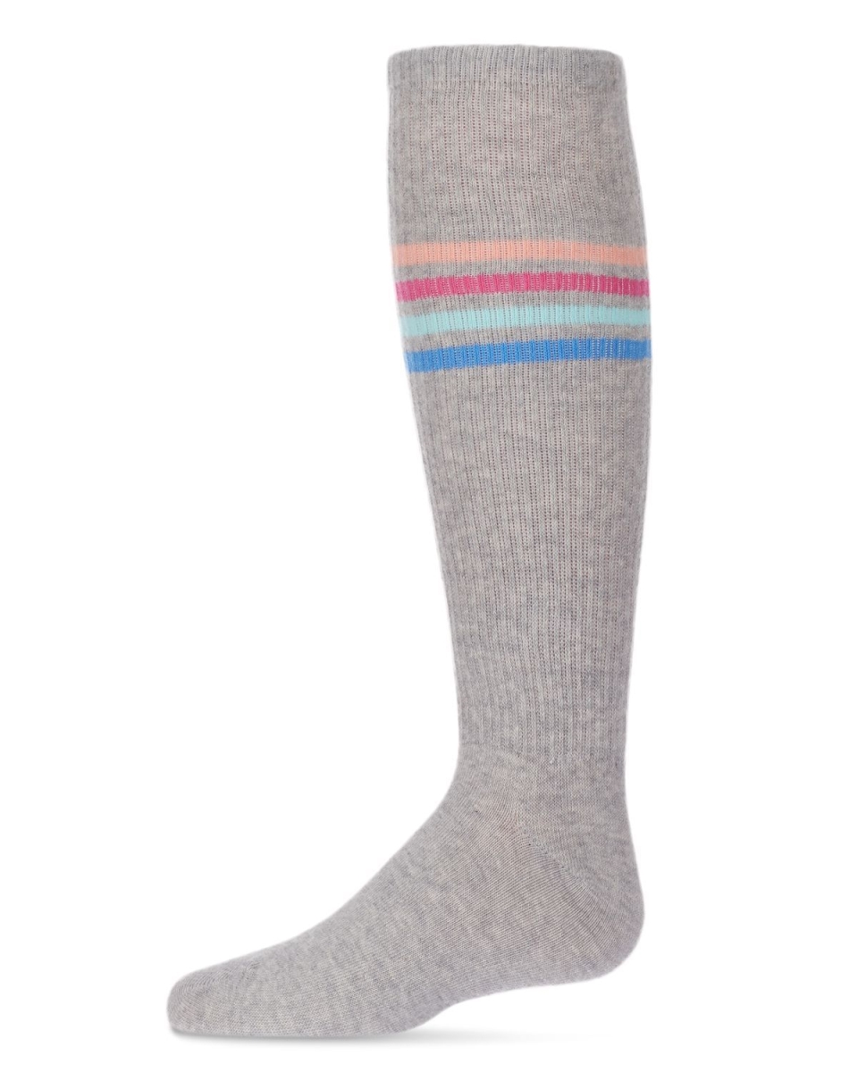 MKF-7089-06018-4 Thin Ribbed Athletic Stripe Knee High Socks for Girls, Light Gray - Size 4