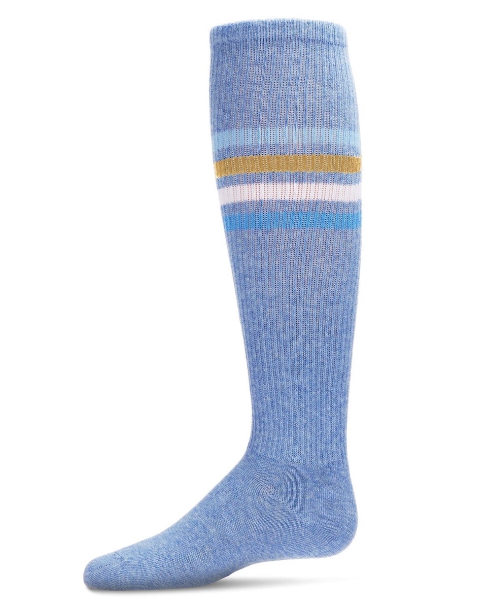 MKF-7089-45013-4 Thin Ribbed Athletic Stripe Knee High Socks for Girls, Light Denim - Size 4