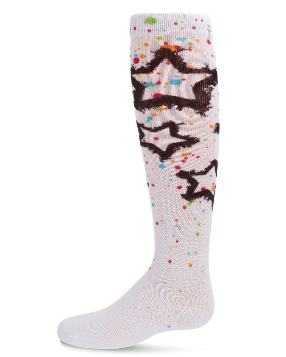 MKF-7066-10103-4 Graffiti Star Girls Knee High Sock, White - Size 4