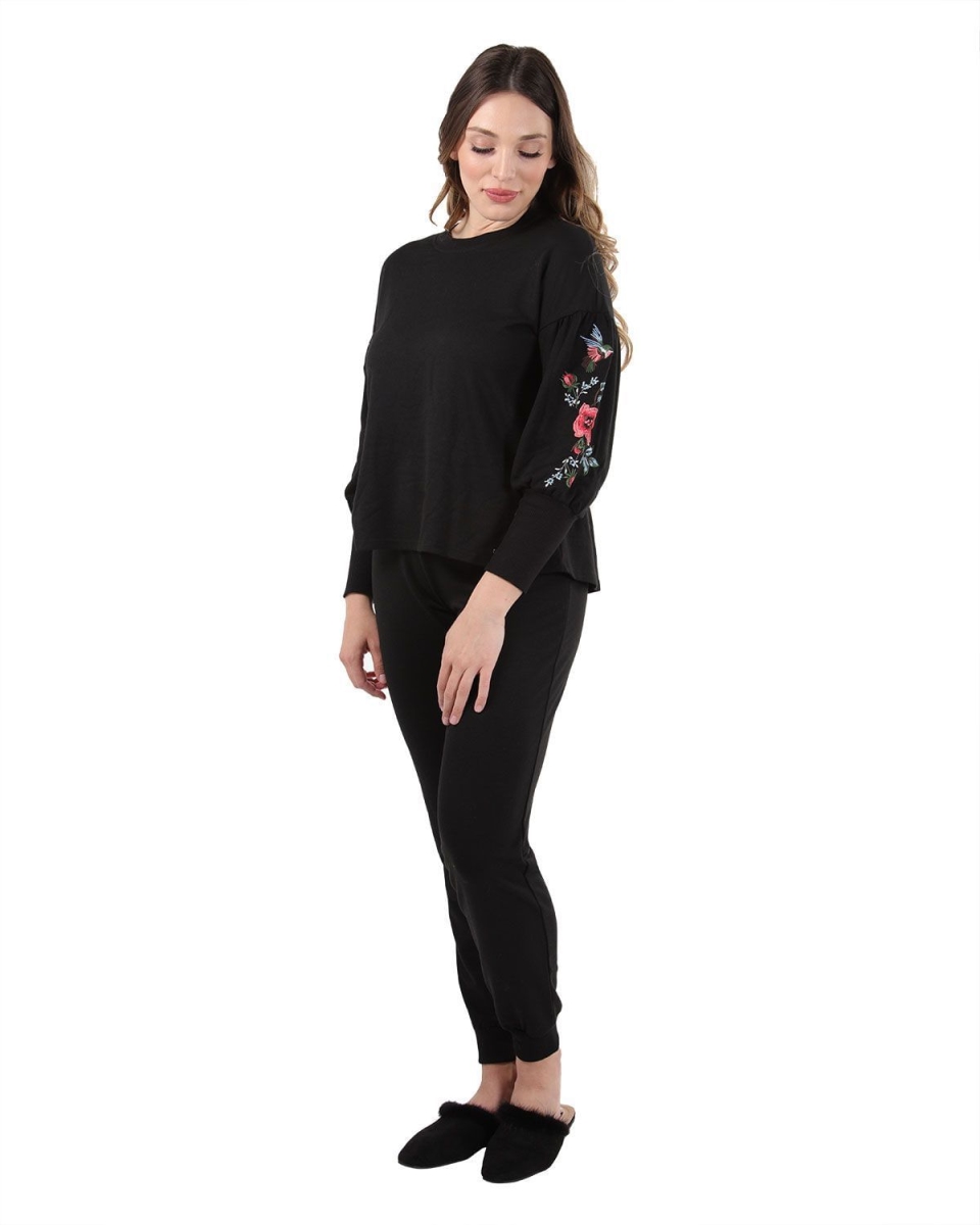 CTL00043-00025-S Oversized Dropped Sleeve Top with Ribbed Cuff & Embroidery for Womens, Limo Black - Small