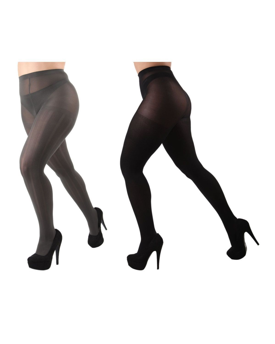 MJB-104-06008-M-L Variegated Rib & Solid Control Top Tights for Womens, Gray & Black - Medium-Large - Pack of 2