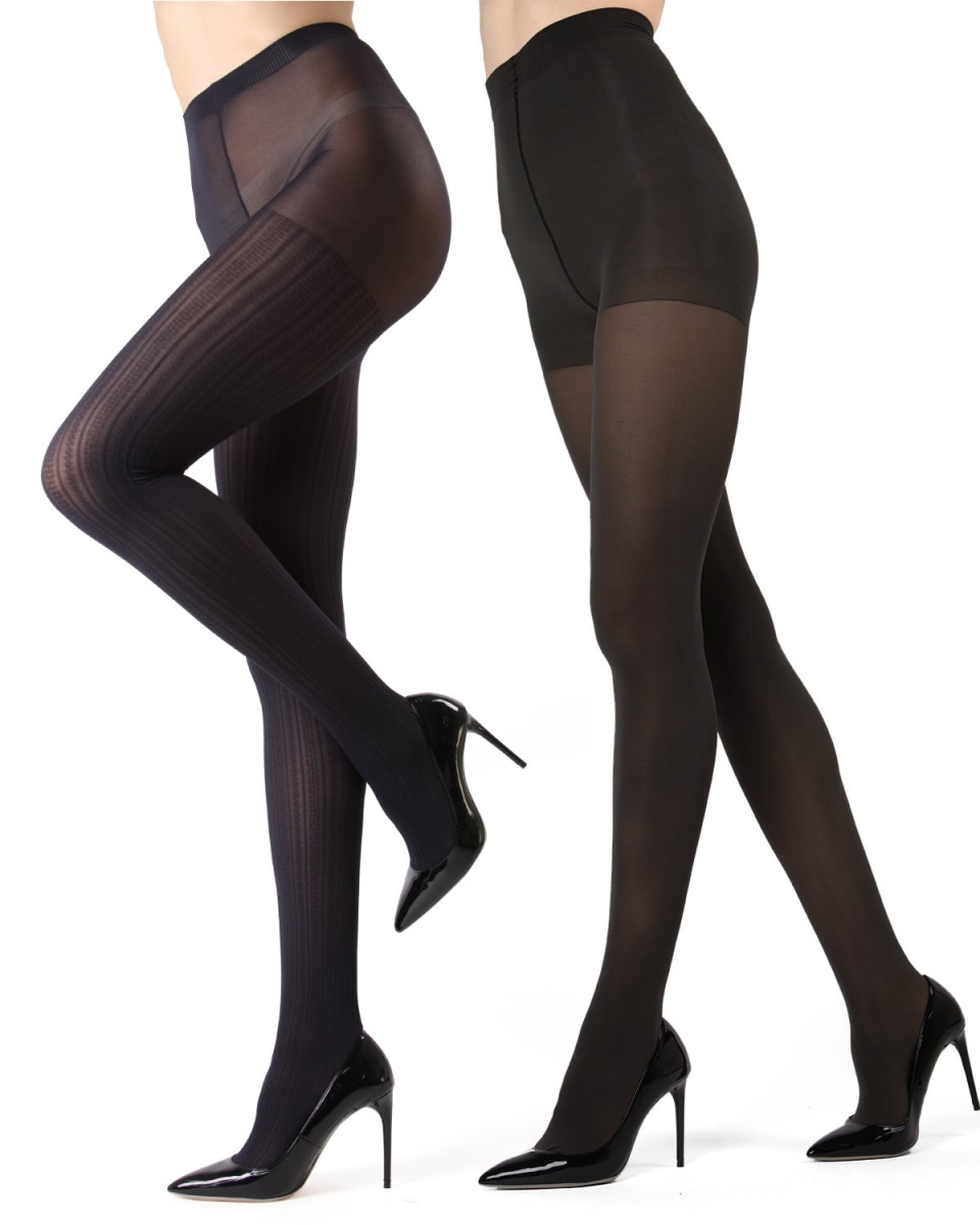 MJB-107-40135-S-M Cable Ribbed & Solid Control Top Tights for Womens, Navy & Black - Small-Medium - Pack of 2