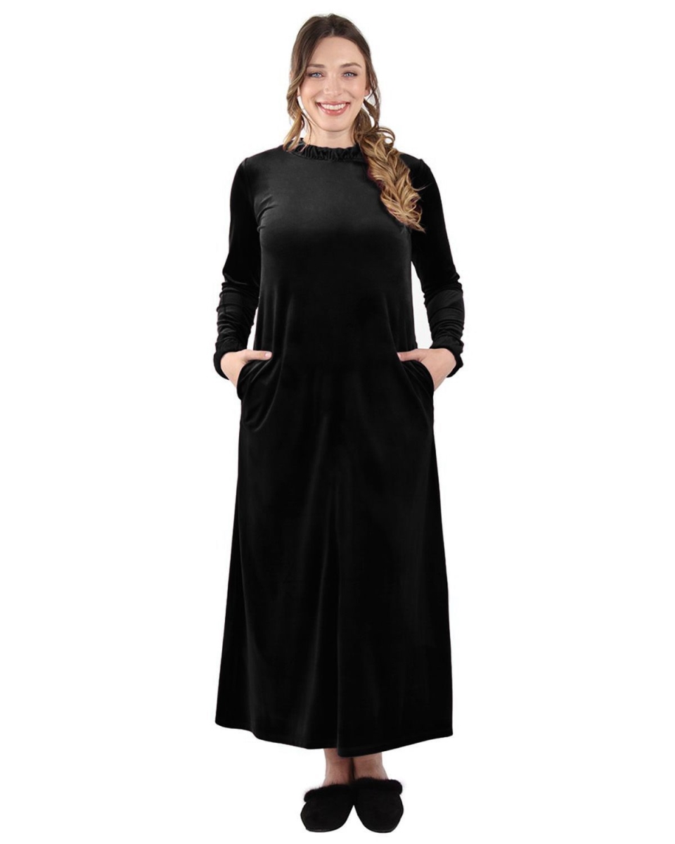 Picture of Memoi CLR05633-00001-M Velour Ruched Neck Lounger Gown for Womens, Black - Medium