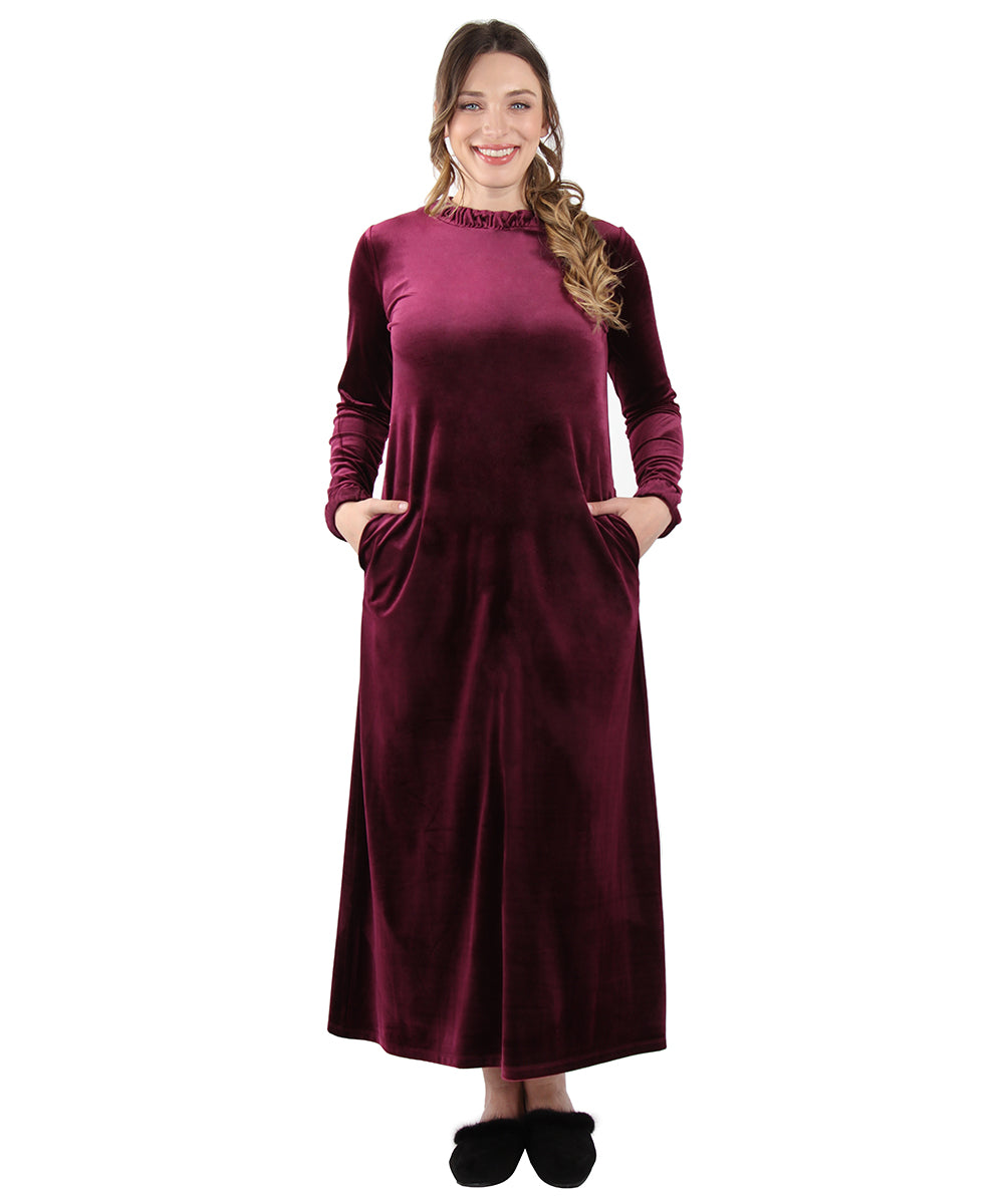 Picture of Memoi CLR05633-60122-L Velour Ruched Neck Lounger Gown for Womens, Burgundy - Large