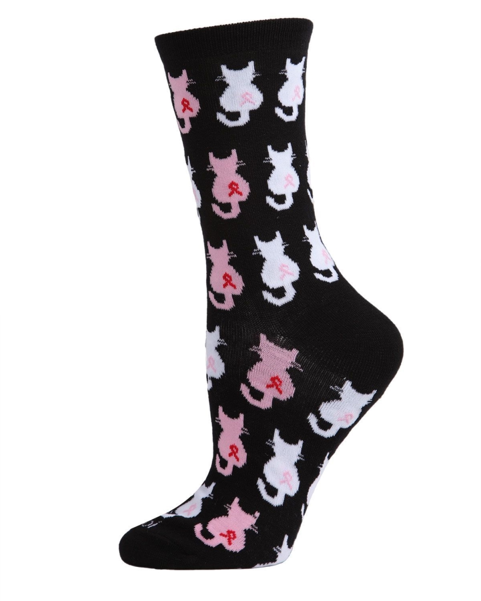 MCV05737-00001-9-11 Pink Cat Ribbon Breast Cancer Awareness Socks for Womens, Black - Size 9-11 -  Memoi