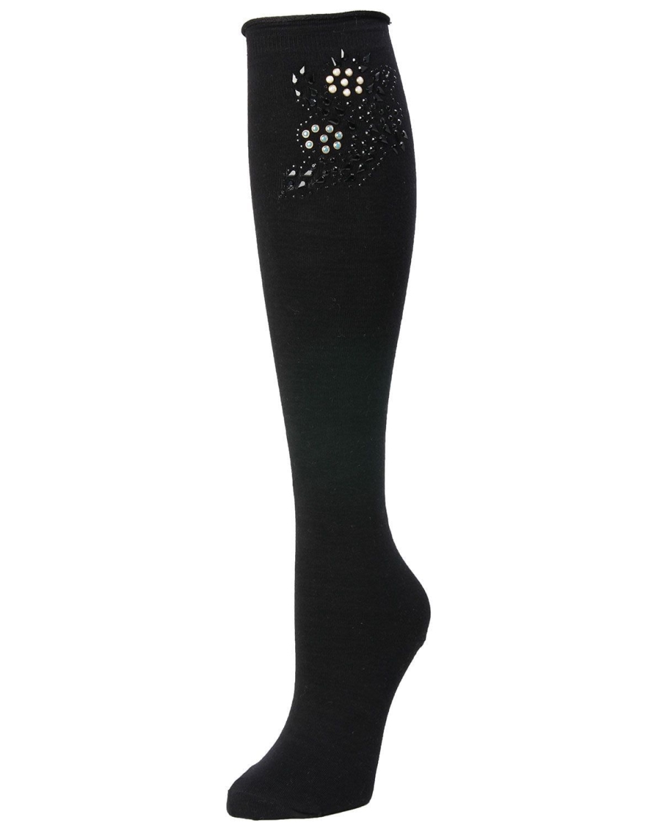 Pearl Bedazzled Knee High Socks for Womens - Black - One Size