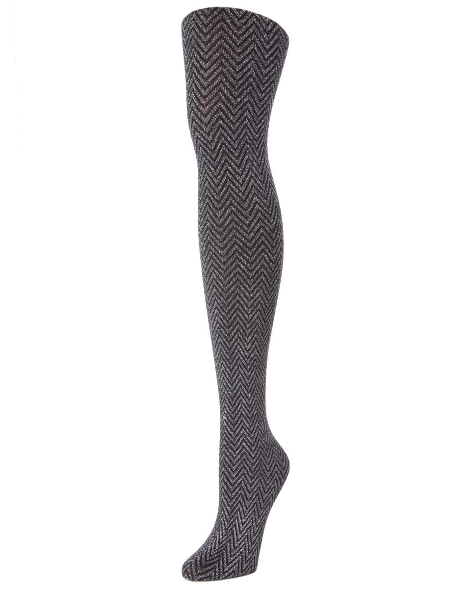 MF7-191-96011-S-M Metallic Chevron Tights for Womens, Black & Silver - Small-Medium