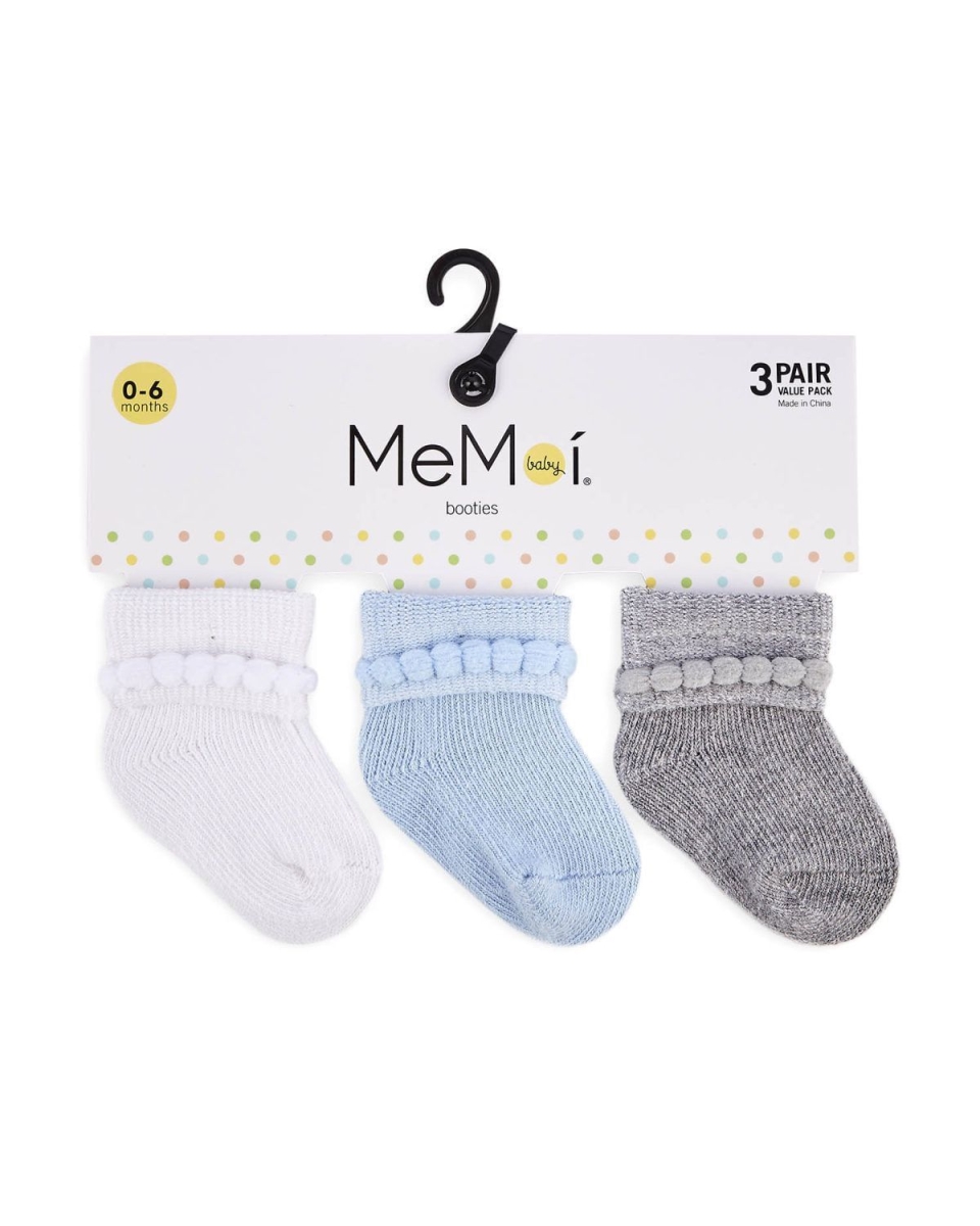 MK-5080-96071-0-6 Baby Bootie Socks - White, Light Blue & Light Gray Heather - Size 0-6 - Pack of 3