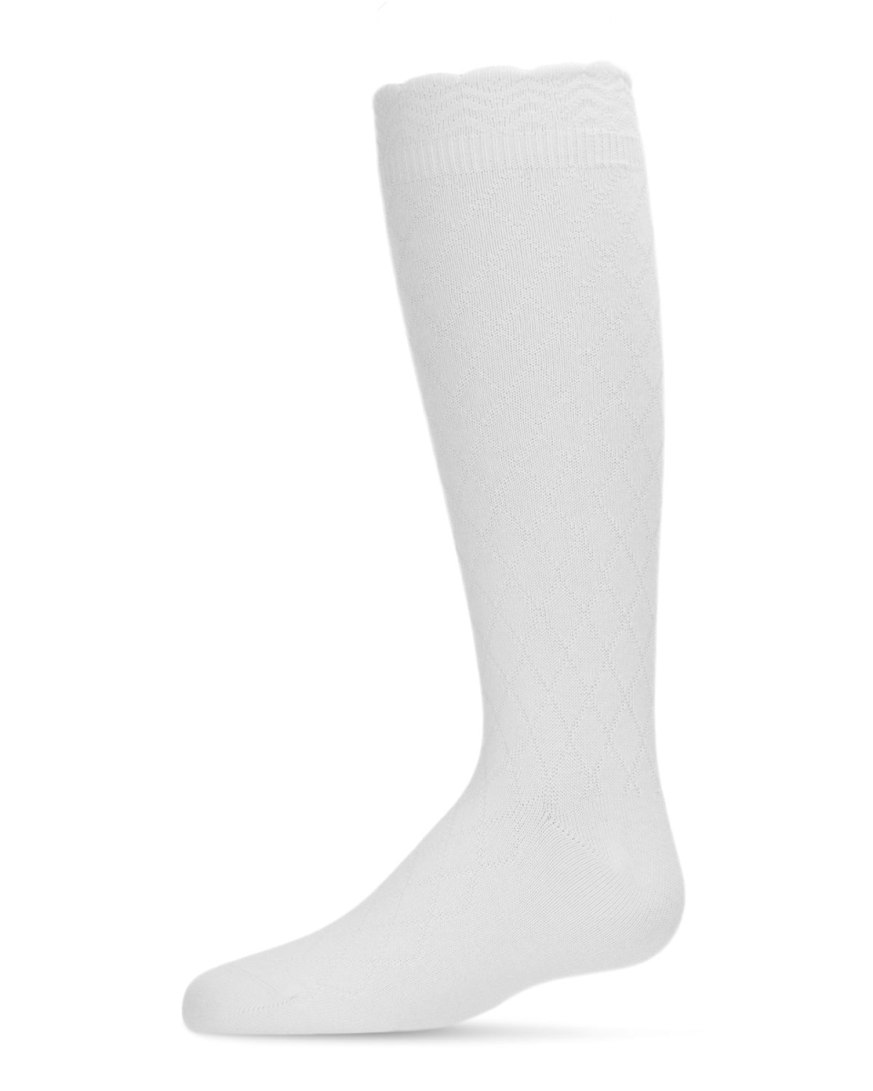 MKF-2000-10103-4 Double Diamond Knee High Socks for Girls, White - Size 4