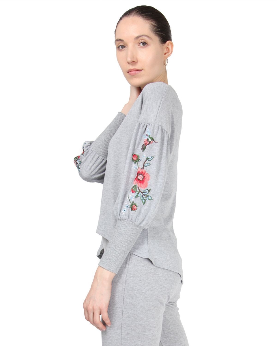 CTL00043-02116-M Oversized Dropped Sleeve Top with Ribbed Cuff & Embroidery for Womens, Gray Heather - Medium